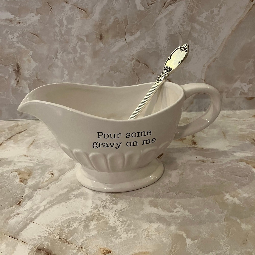 Mud Pie White Ceramic Gravy Boat with Ladle / Spoon.